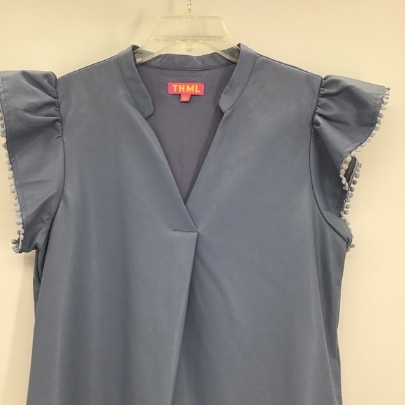 THML Wome’s Faux Leather V-Neck Ruffle Sleeve Dress Casual Career Blue Size L - Picture 8 of 8